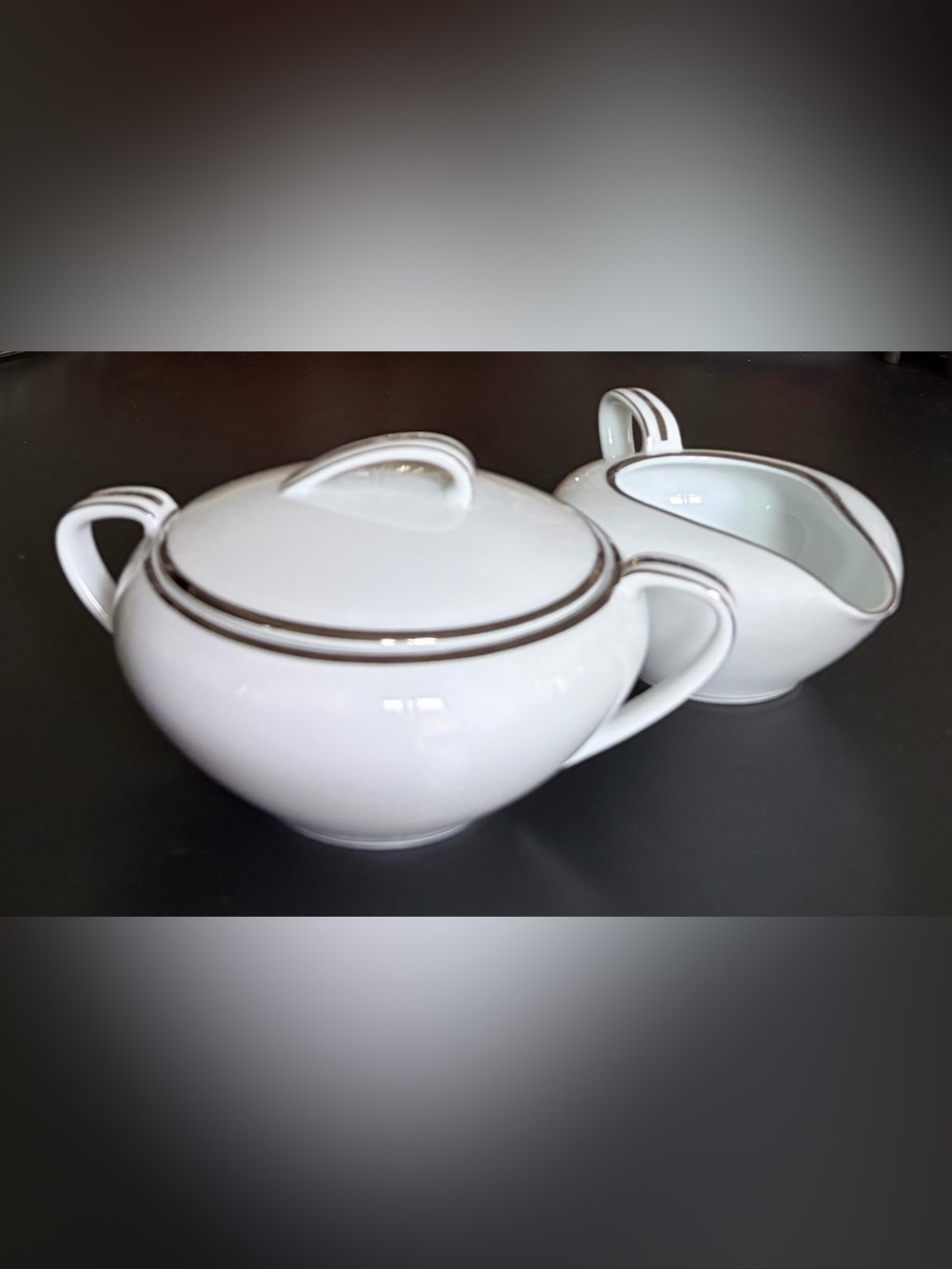 Noritake Silverdale 5594 White Porcelain Sugar Bowl & Creamer with Silver Trim
